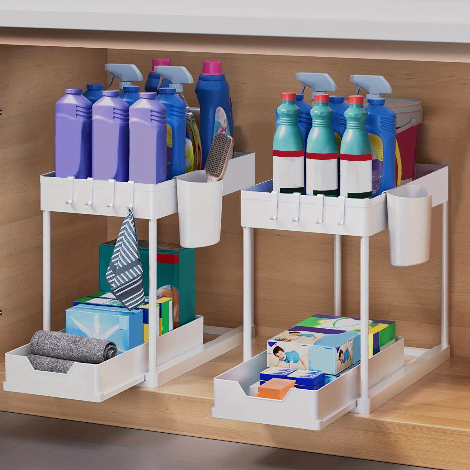 Under Sink Organizer, 2-tier Sliding Cabinet Basket Organizer Drawers,  Under Sink Organizers And Storage Bathroom Kitchen Cabinet Organizer With  Hooks Cup The Bottom Drawers Can Be Slid Out, Kitchen Accessories - Temu