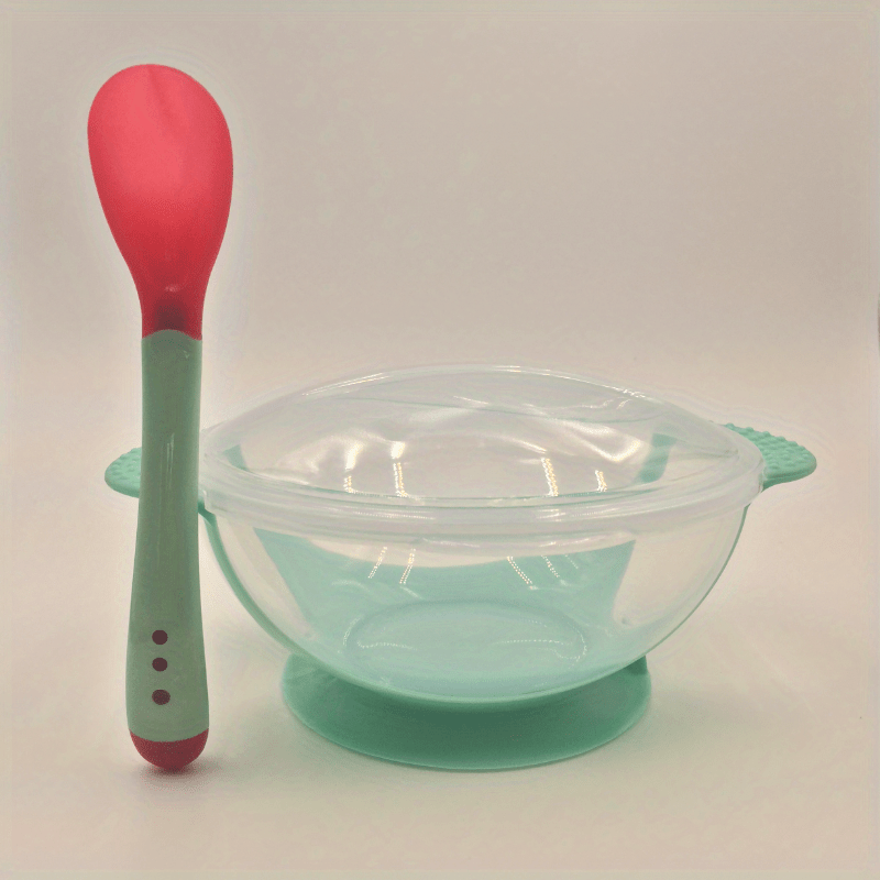Baby Kids Feeding Suction Bowl Temperature Sensing Spoon Child Tableware Set, Yellow
