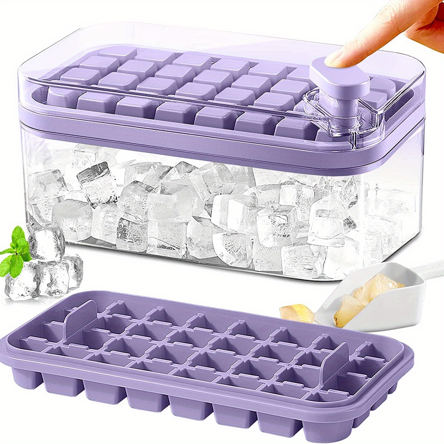 2 packs 64 pcs Convenient Ice Cube Tray with Lid and Bin - Keep Your Drinks Cold and Refreshing with Easy-to-Use Freezer Trays - Purple
