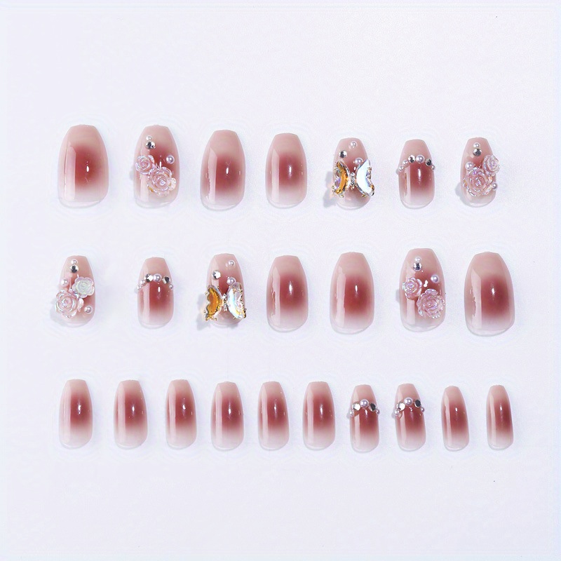 Glossy Red Gradient Ballerina Press Nails Rhinestones Pearls - Temu