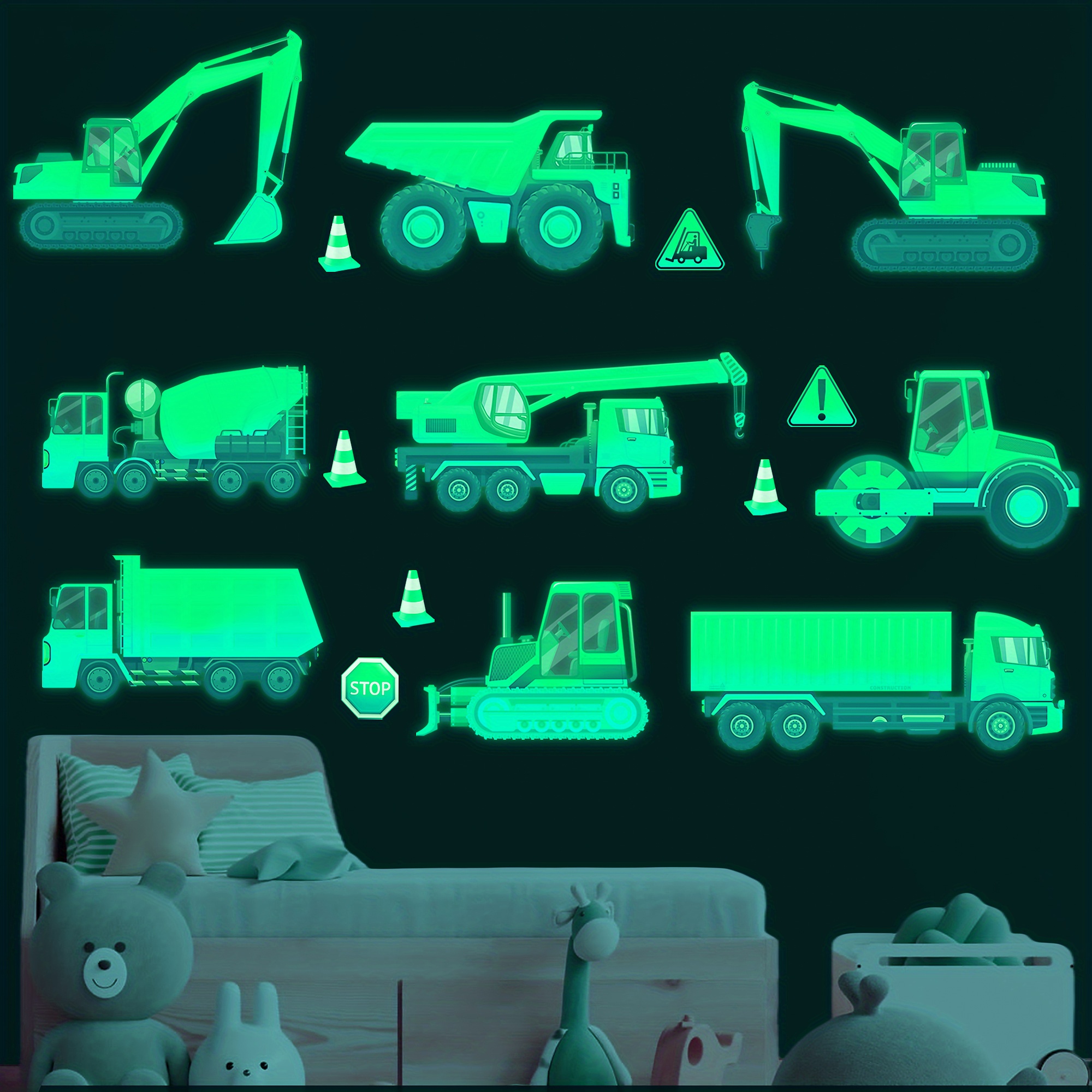 Image of Construction Wall Decals Glow In The Dark Wall Stickers City Vehicles Car Wall Decal Luminous Truck Excavator Tractor Decals Transportation Sticker Bedroom Playroom Ceiling Decor