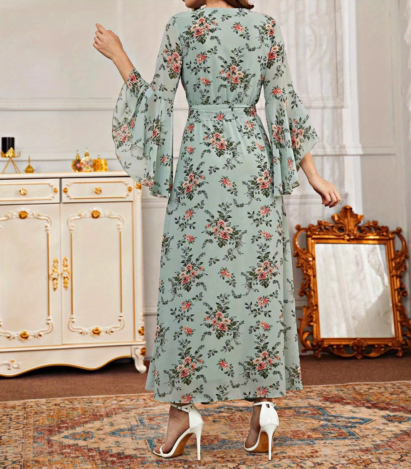 Women's Floral Print Tie Waist Mini Dress Long Sleeve V Neck Ruffle Flare  Sleeve Sundress 