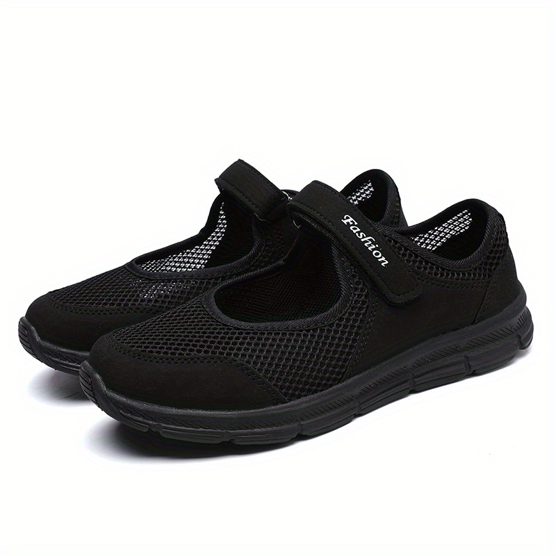 Women's Breathable Walking Shoes, Letter Pattern Hook & Loop Fastener Backless Flat Shoes, Round Toe Mesh Sneakers