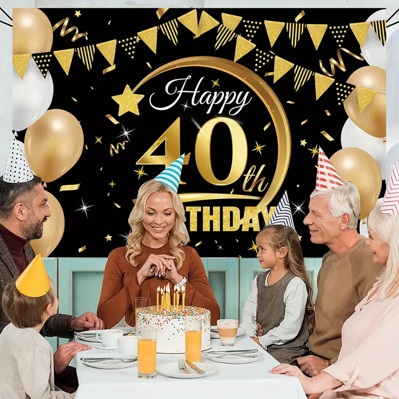 Striscione 40° Compleanno Nero Oro - 180x110 Cm, In Poliestere, Per Feste, Sfondo Foto, Decorazione - Foto 6