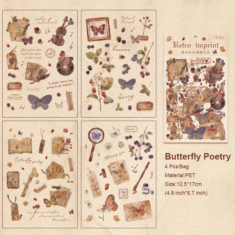 40pcs Retro Transparent Butterfly Stickers DIY Kawaii Handbook Album Log  Scrapbooking Aesthetic Stickers Cute School Stationery
