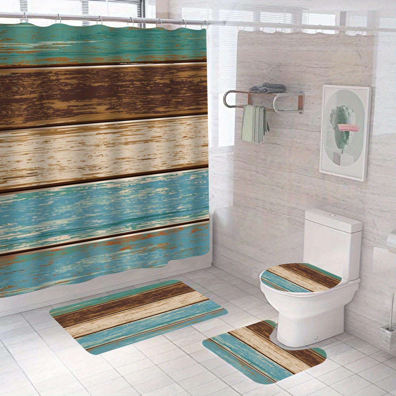 Wooden Shower Curtain Set Country Style Bathroom Decor - Temu