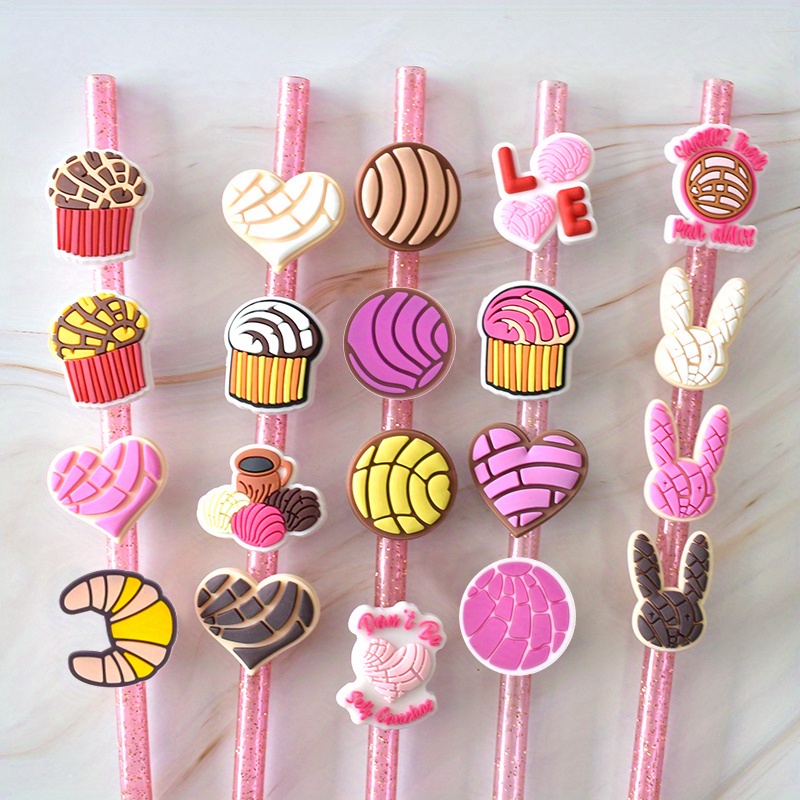 20pcs/set Mexican Food Concha Straw Topper PVC Cafe Conchas Silicone Straw  Toppers Charms Drinking Decorations Cheapest Items Available Pink Cute Aest