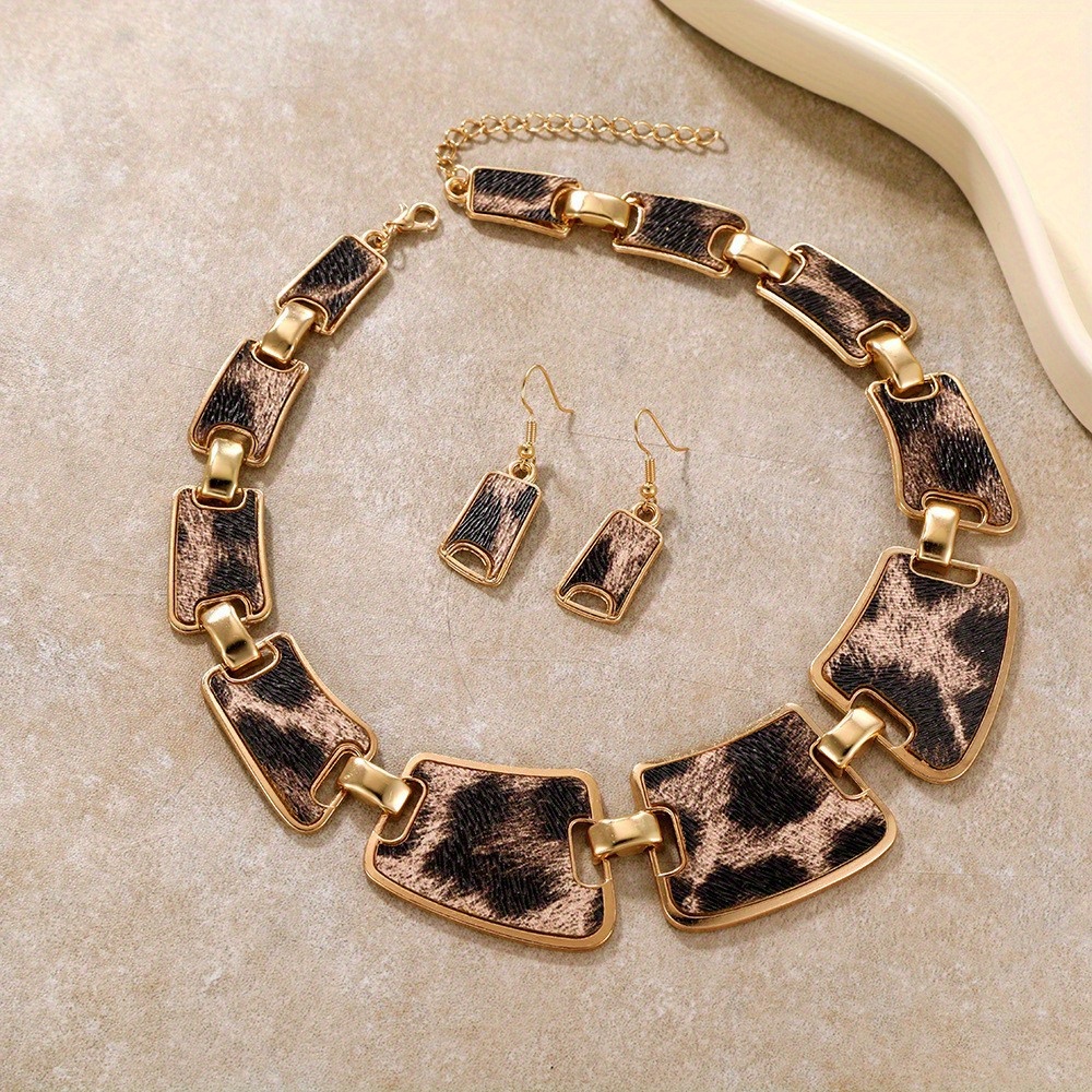 3pcs earrings plus necklace fashion jewelry set trendy leopard print 18k gold plated match daily outfits perfect decor for night club details 4