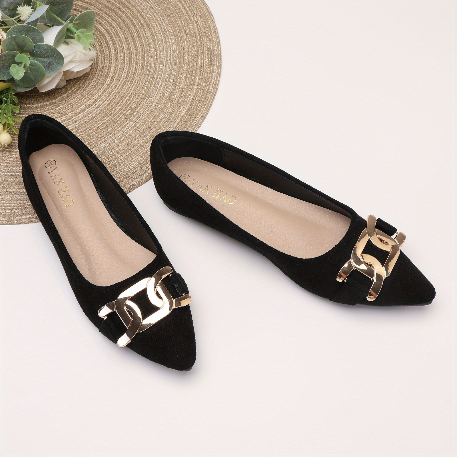 Women s Pointed Toe Flat Shoes Metallic Buckle Decor Commuter Ballet Flats Versatile Work Shoes