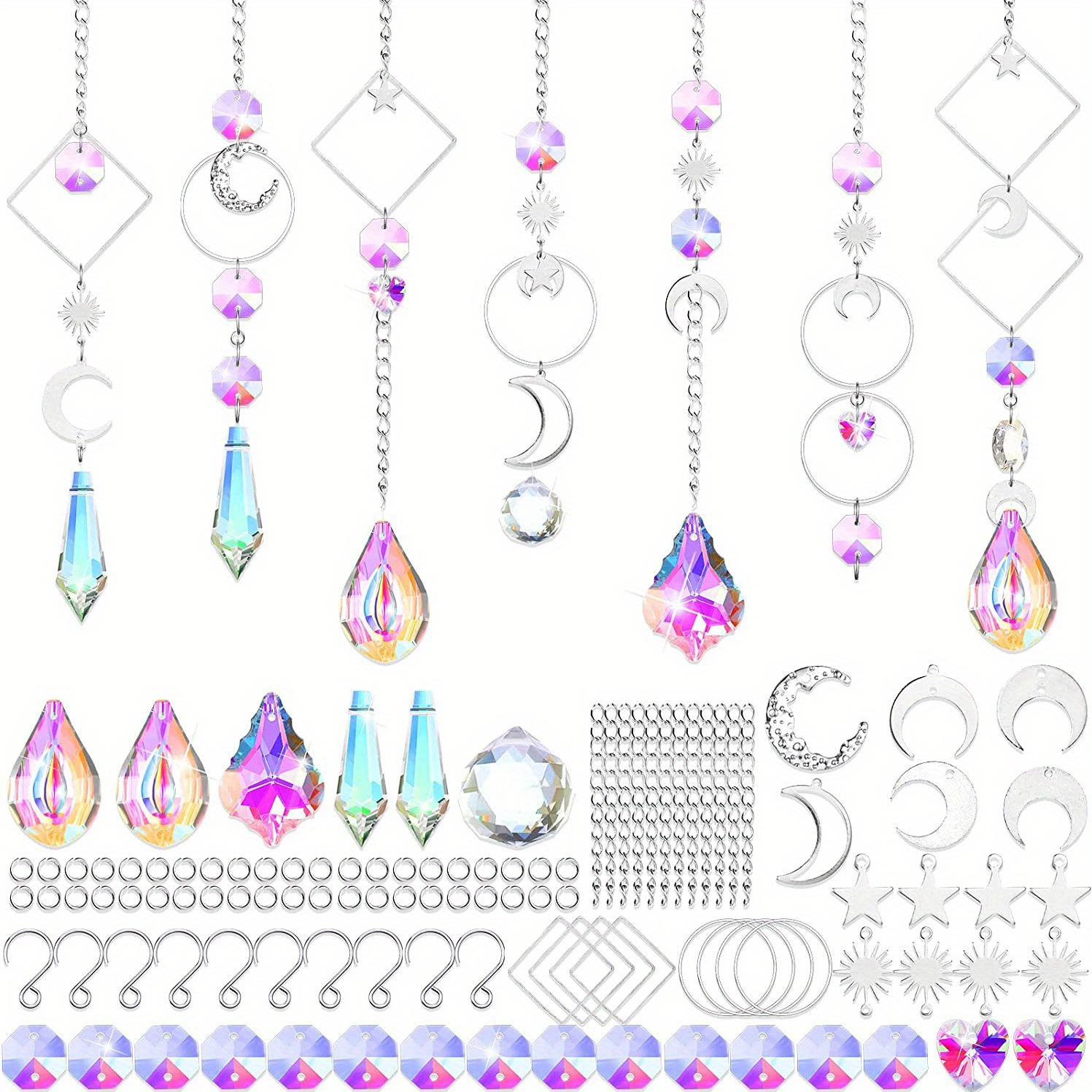 Image of 355pcs Diy Kit, Colorful Glass Hanging Crystal Decor, Sun With Chain, Glass Bead Prism Rainbow Pendant For Window, Home, Office, Garden Decoration
