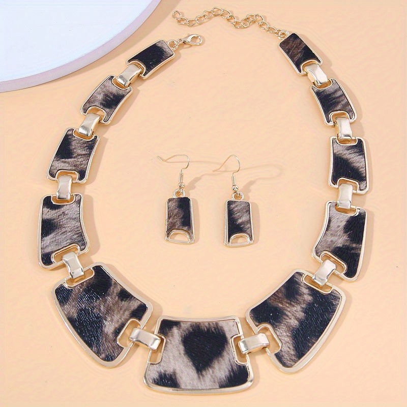 3pcs earrings plus necklace fashion jewelry set trendy leopard print 18k gold plated match daily outfits perfect decor for night club details 5