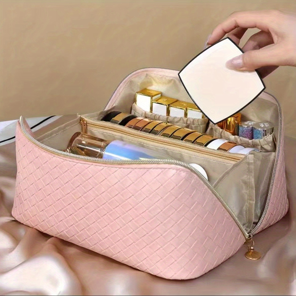  Makeup Bag - Large Capacity Travel Cosmetic Bag for Women,  Multifunctional Open Flat Toiletry Bag with Handle, Washable Waterproof  Beauty Zipper Makeup Organizer PU Leather, Pink : Beauty & Personal Care