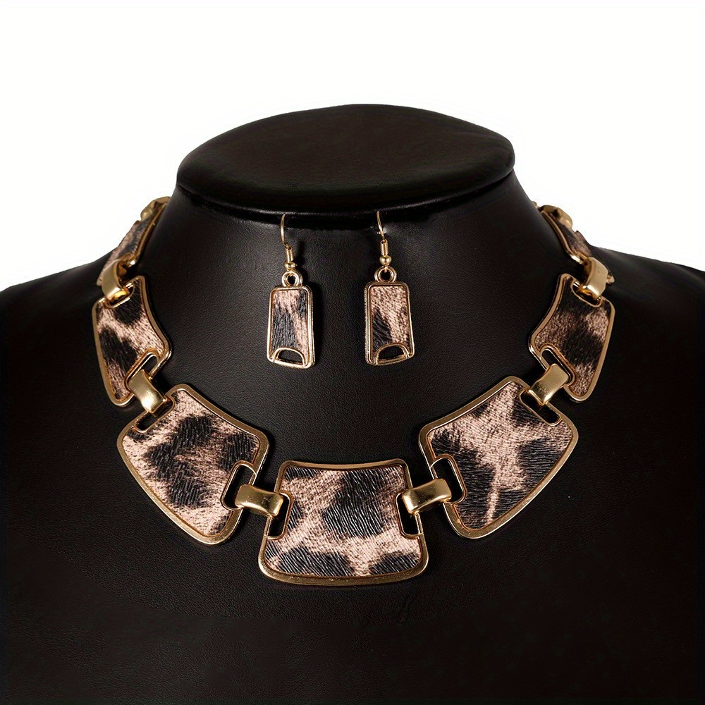 3pcs earrings plus necklace fashion jewelry set trendy leopard print 18k gold plated match daily outfits perfect decor for night club details 7