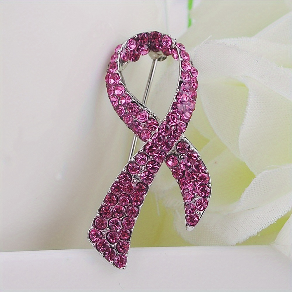 Image of Pink Ribbon Alloy Brooch Inlaid Shiny Rhinestone Awareness Ribbon Brooch Pin Jewelry Decoration For Women