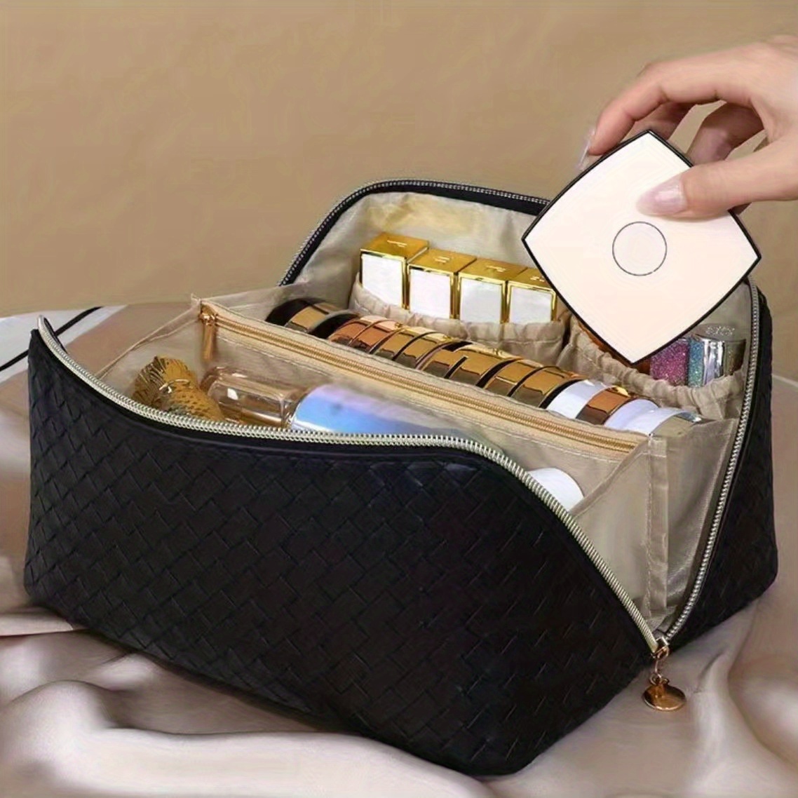 TOPALL Makeup Bag, Upgrade Make Up Bags Large Capacity Travel Cosmetic Bag  Lay Flat Makeup Bag Organizer Portable Waterproof Leather Large Makeup Bags