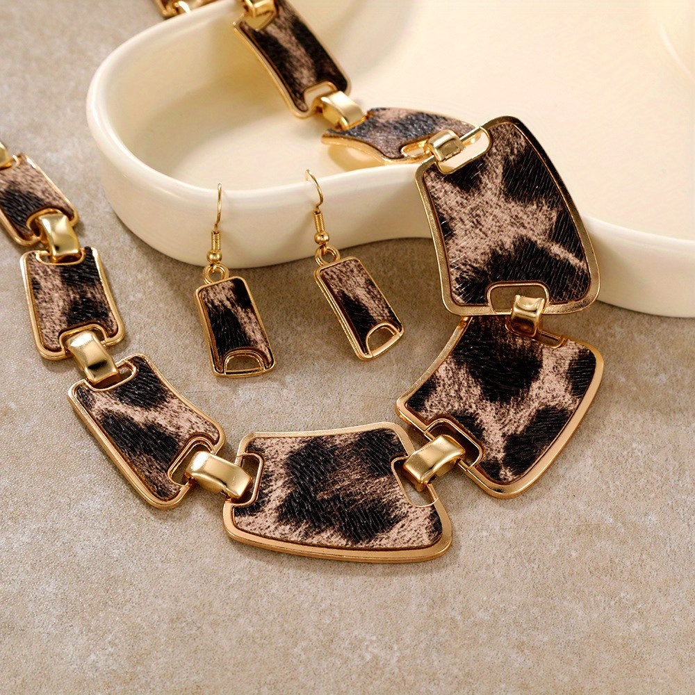 3pcs earrings plus necklace fashion jewelry set trendy leopard print 18k gold plated match daily outfits perfect decor for night club details 2