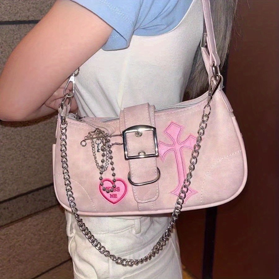 Pink Faux Leather Y2k Shoulder purse/ Bag With Silver Buckle