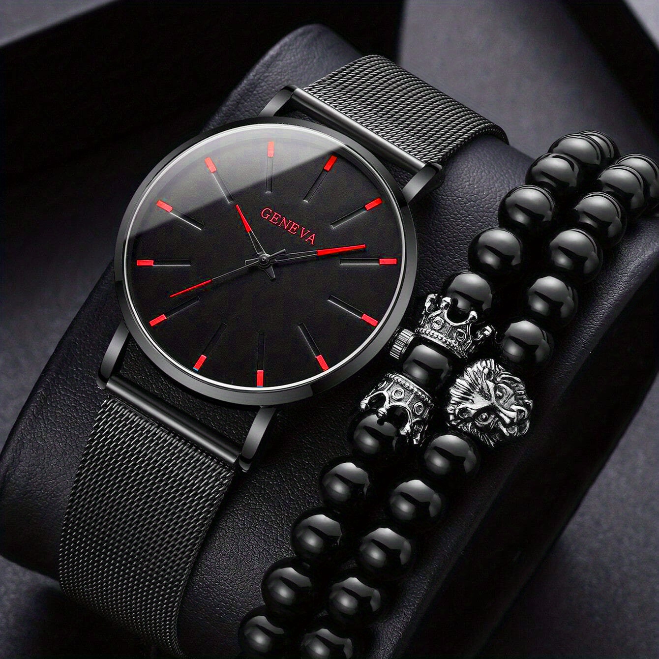 Fashion Black Men's Mesh Strap Quartz Watch & Black Bracelets, Gift Set -  Temu