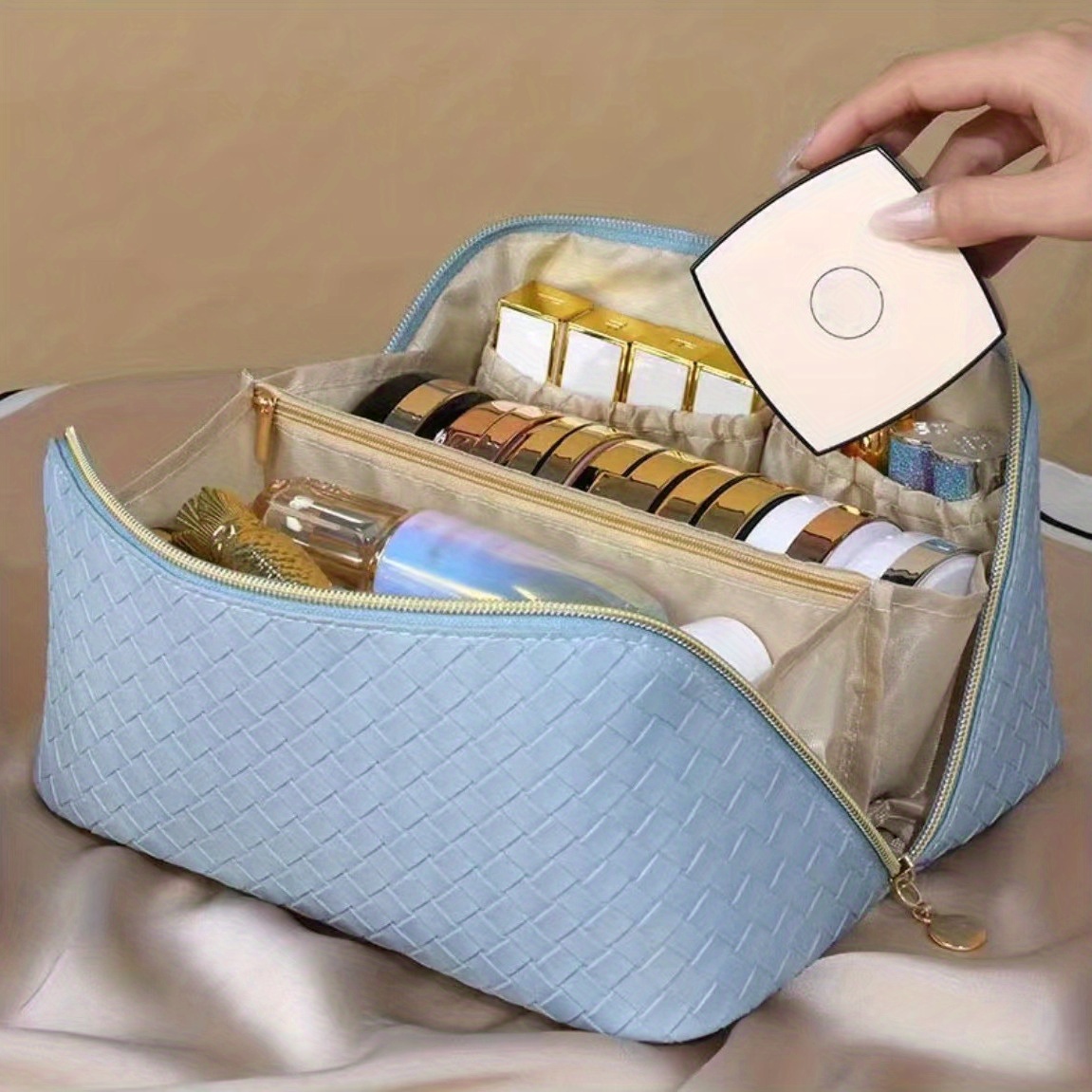 SYBH Large-Capacity Travel Cosmetic Bag, Multifunctional Storage Makeup Bag,  Large-Capacity Compartment and PU Leather Waterproof Double-Layered Cosmetic  Bag (Blue) : .in: Beauty