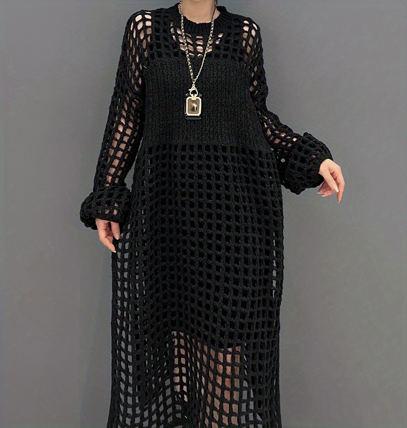 Crochet Split Thigh Dress Casual Solid Long Sleeve Maxi Temu