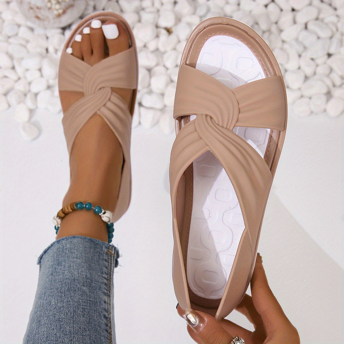 Women's Cross Straps Ruched Sandals Open Toe Slides Flat Shoes