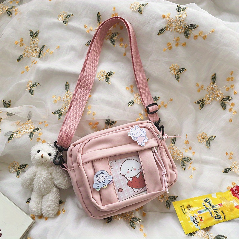 Kawaii Nylon Crossbody Bag, Clear Pocket Front Shoulder Bag, Student Flap Messenger  Bag - Temu