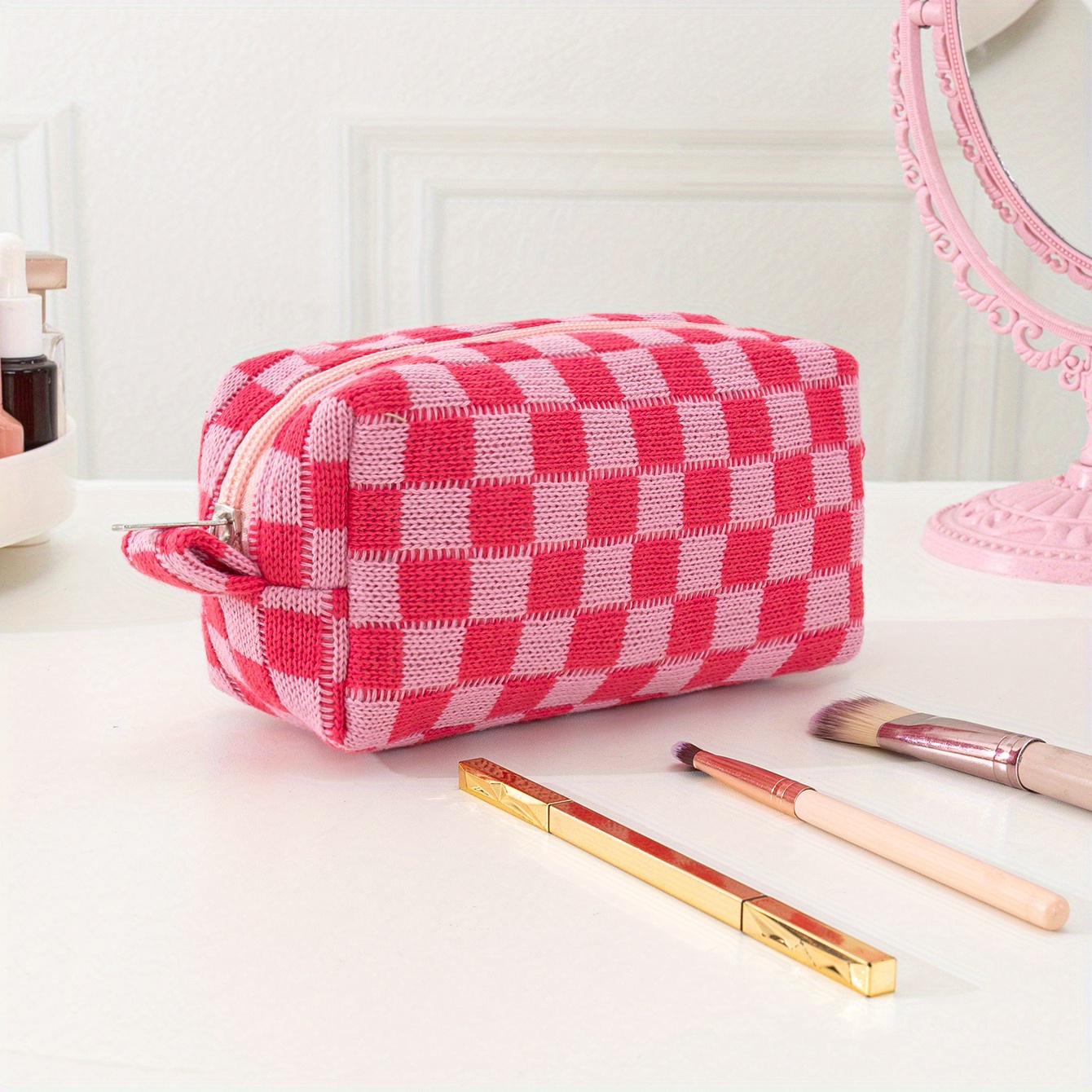 Checkered Zipper Makeup Bag Pink and Red