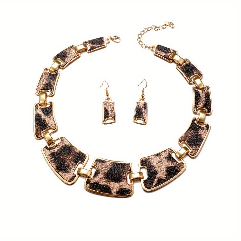 3pcs earrings plus necklace fashion jewelry set trendy leopard print 18k gold plated match daily outfits perfect decor for night club details 1