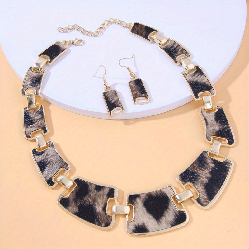 3pcs earrings plus necklace fashion jewelry set trendy leopard print 18k gold plated match daily outfits perfect decor for night club details 6