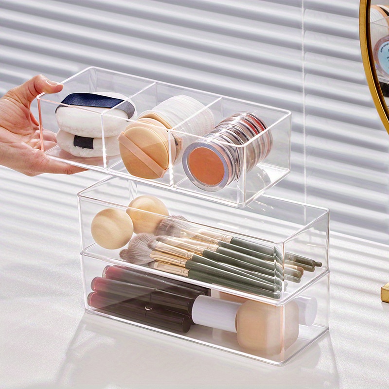 Desktop Divider Clear Organizer Box With Dustproof Lid, 3 Grids For Makeup  Items, Cosmetics Tools And Other Accessories