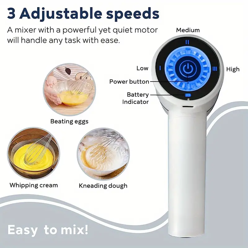 cordless hand mixer electric whisk usb rechargeable handheld electric mixer with 3 speed self control 304 stainless steel beaters balloon whisk for gifts butter tarts cakes  white kd305 details 3