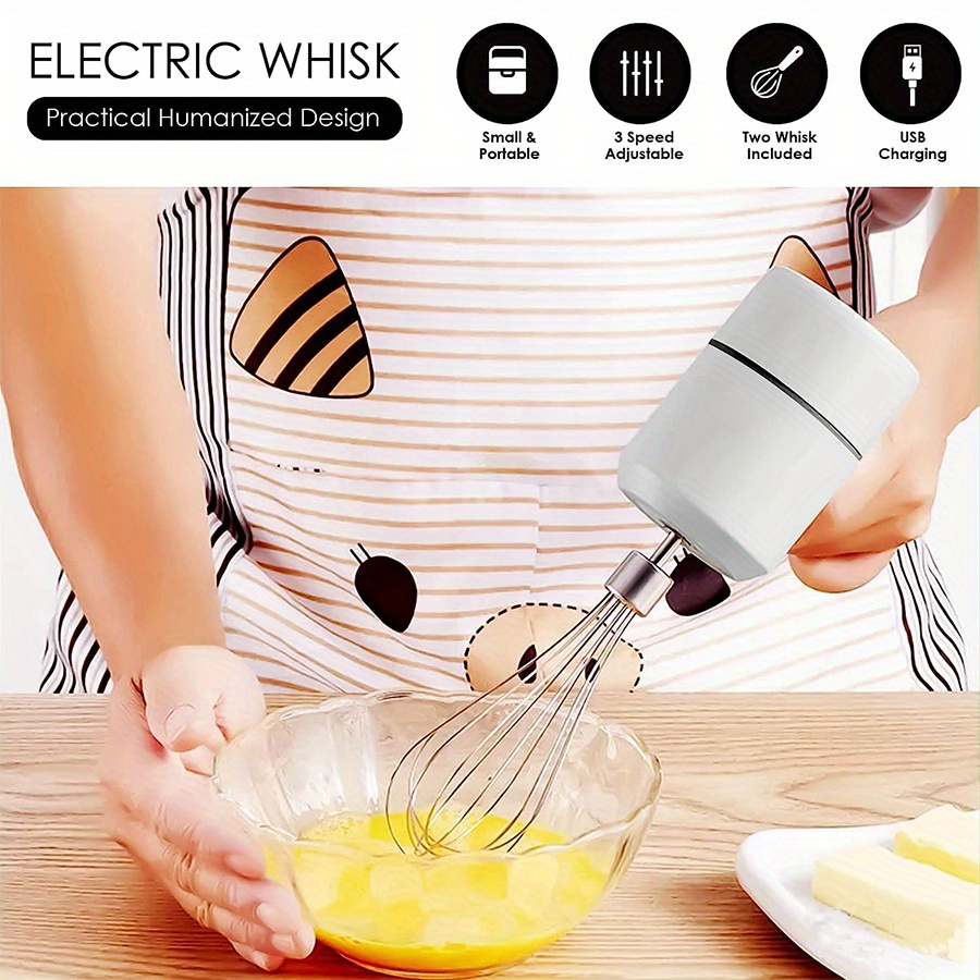 3-Speed Lightweight White Hand Blender Electric Hand Mixer Egg Beater USB  Rechargeable With Stainless Steel Whisk Beater Attachments