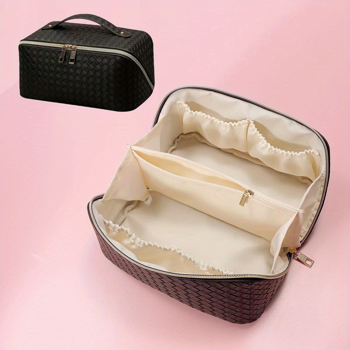Large Capacity Travel Cosmetic Bag Plaid Checkered Makeup Bag Portable  Leather Waterproof Skincare Bag with Handle and Divider for Women