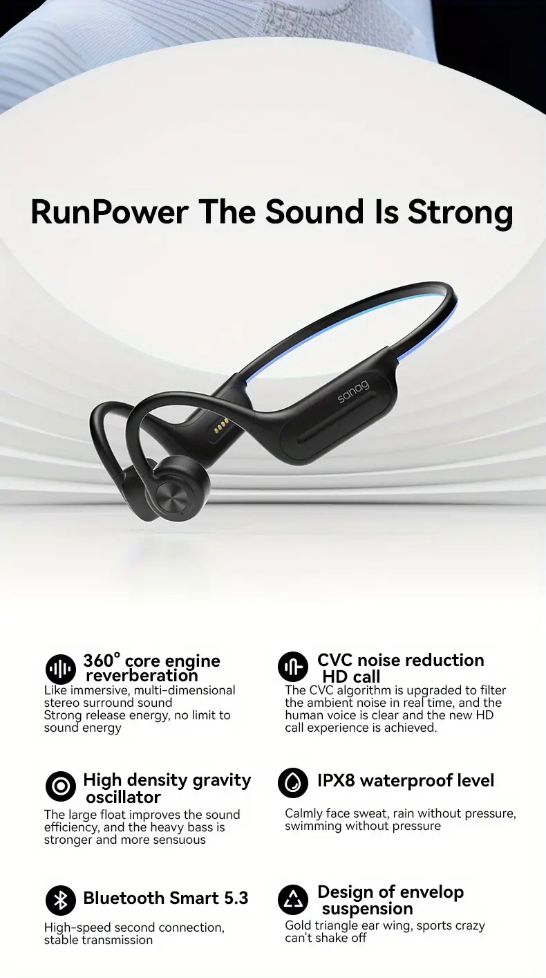 Auriculares de conducción ósea Bluetooth 5.3 Auriculares de oreja abierta  Auriculares inalámbricos para correr IPX8 Impermeable Auriculares de
