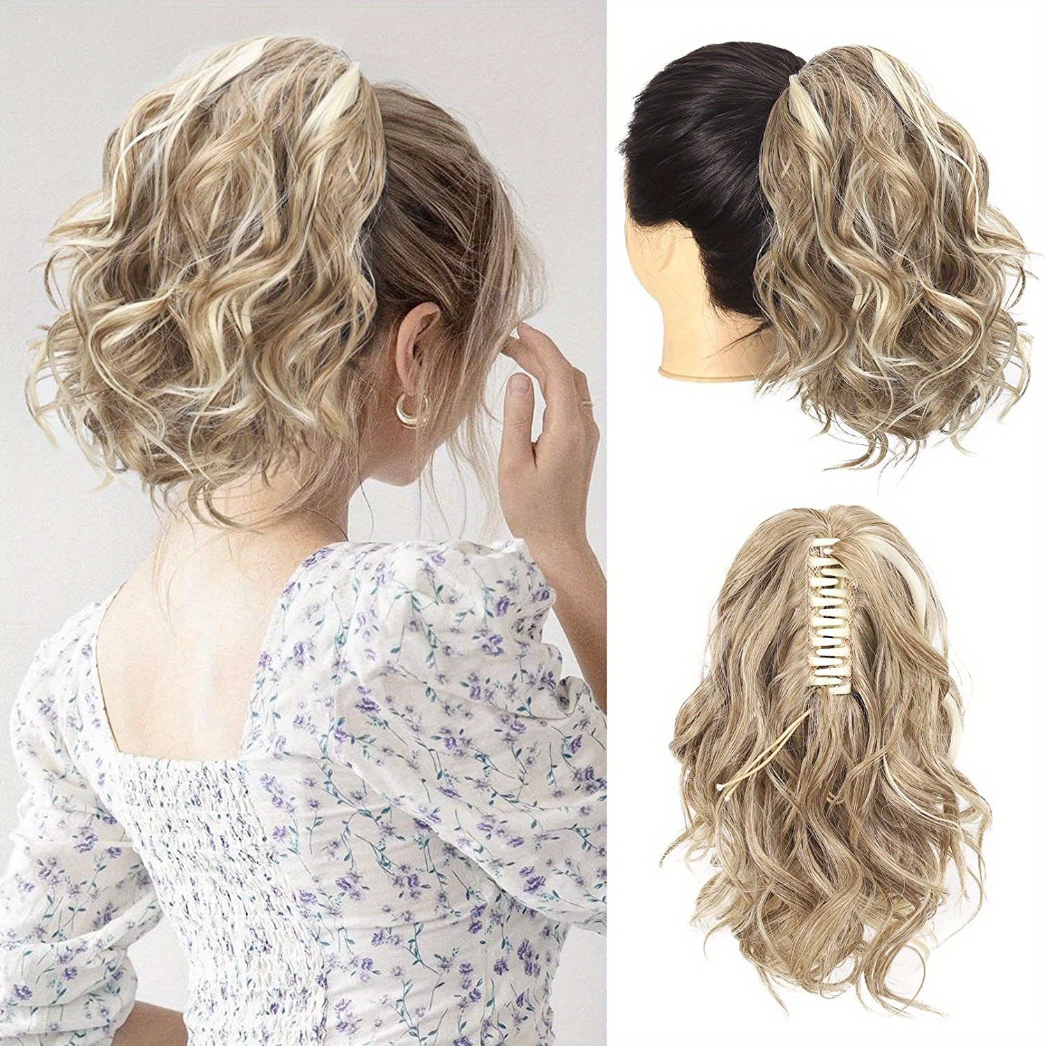 10 Short Claw Highlight Ponytail Extension, Human Hair Ponytail Wavy Curly Thick Jaw Clip in Hair Extensions Ponytail Soft Natural Looking