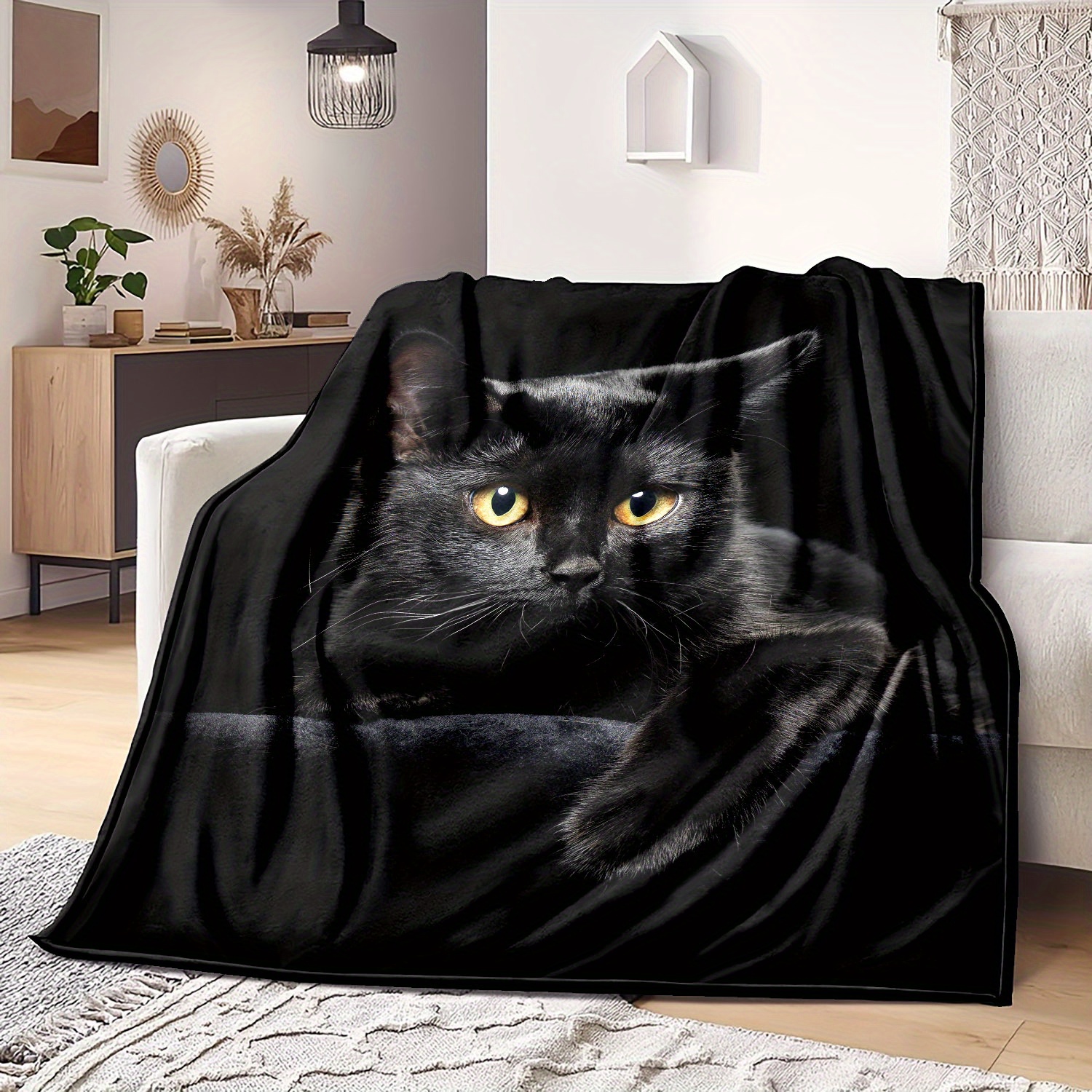 1pc black cat print flannel blanket soft warm throw blanket nap blanket for couch sofa office bed camping travelling multi purpose holiday gift blanket details 2