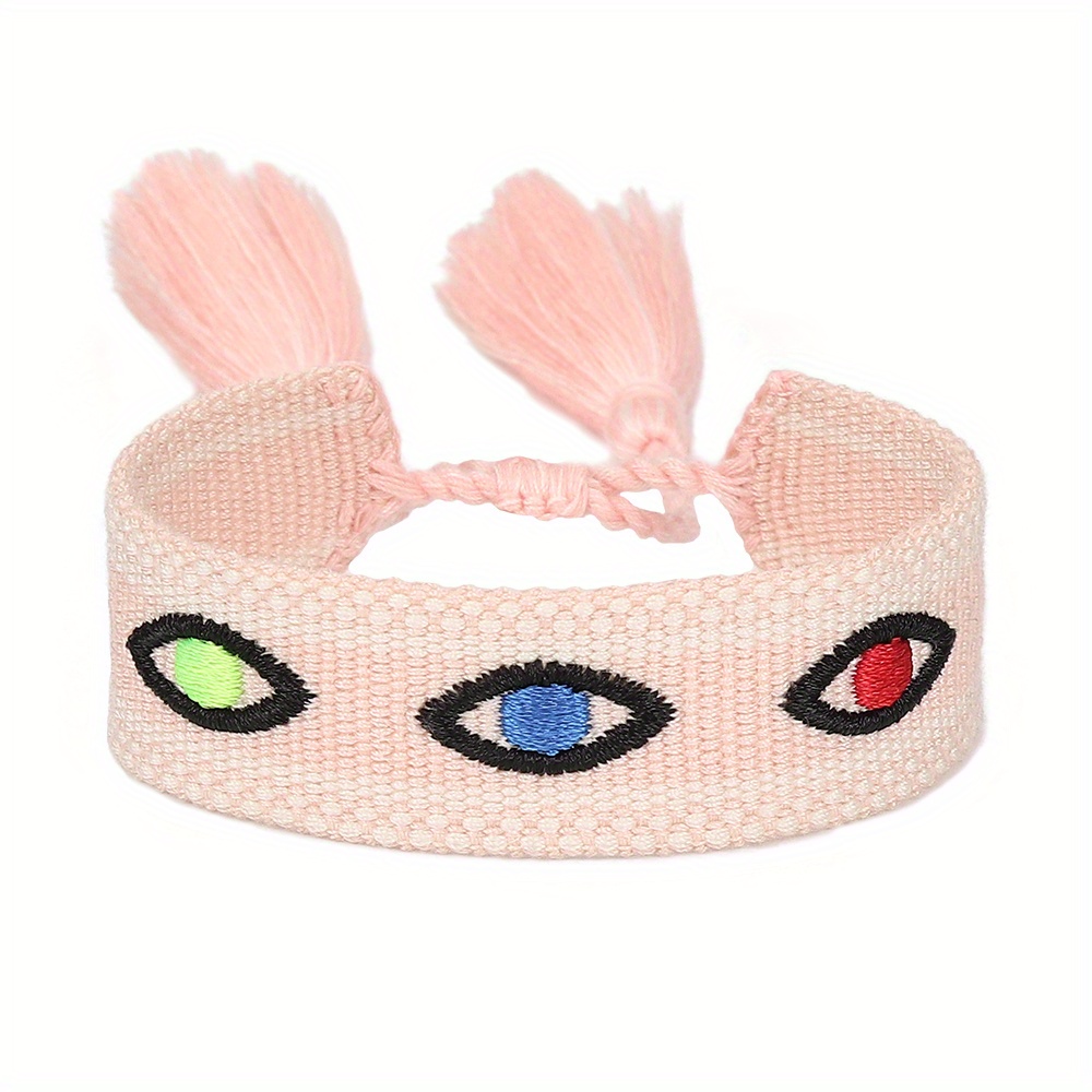 Multicolor Evil's Eyes Embroidered Tassel Bracelet, 10 Colors