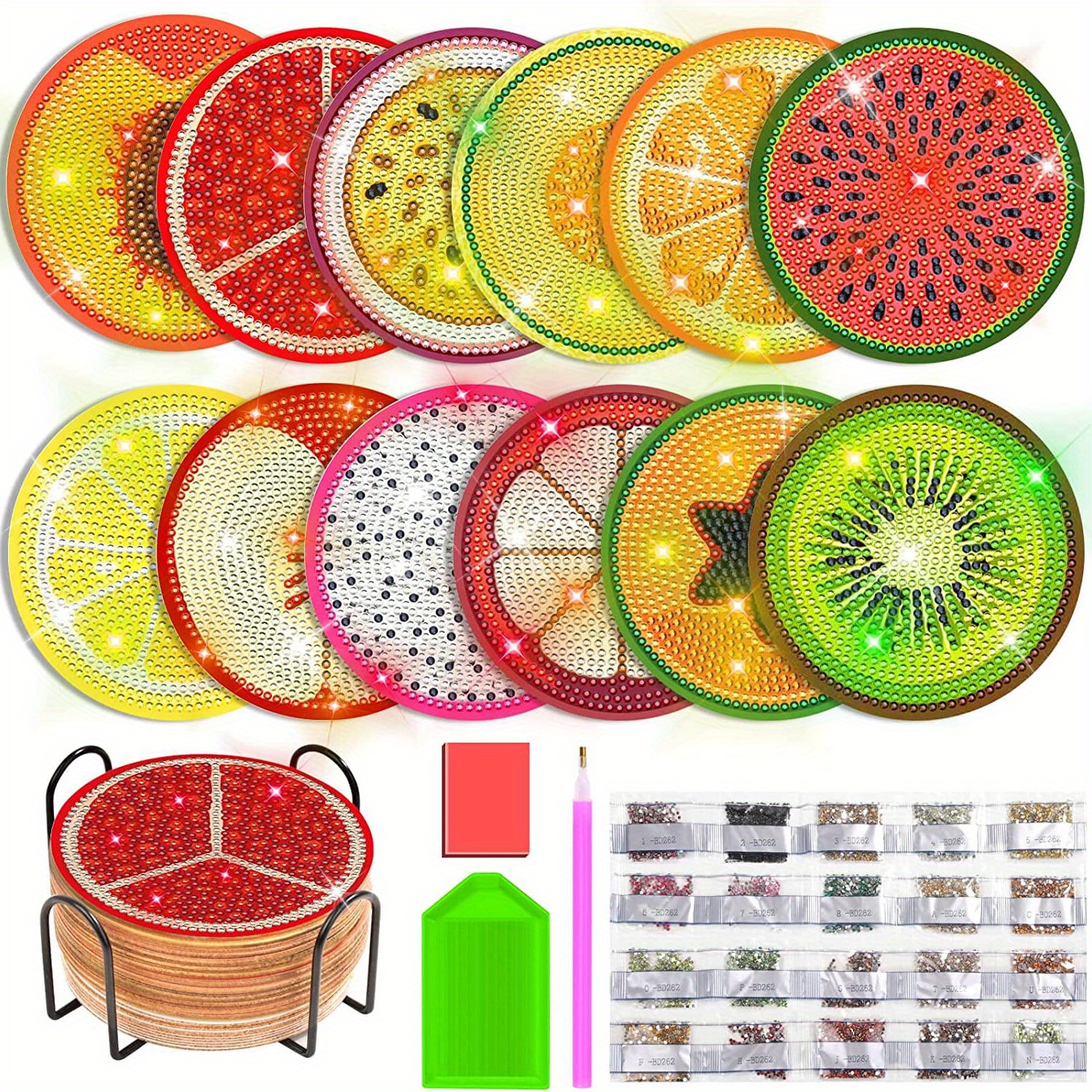 Fruits Style Diamonds Painting Coasters Kit, Diamonds Art Wood