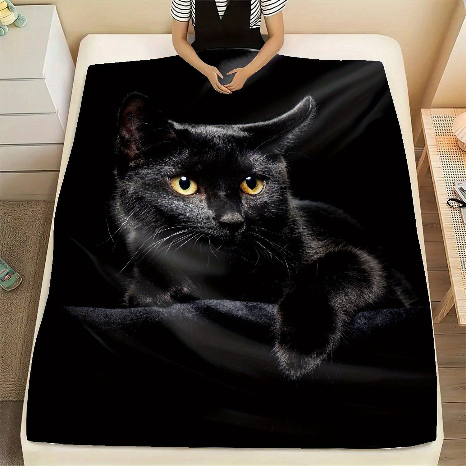 1pc black cat print flannel blanket soft warm throw blanket nap blanket for couch sofa office bed camping travelling multi purpose holiday gift blanket details 0