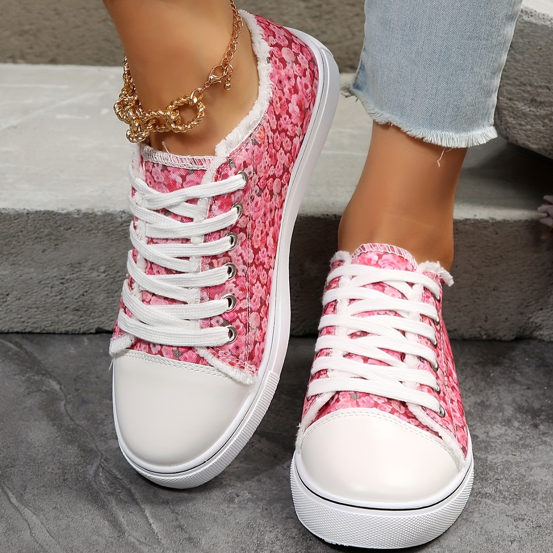 womens floral print canvas shoes casual lace up outdoor sneakers comfortable low top shoes details 1