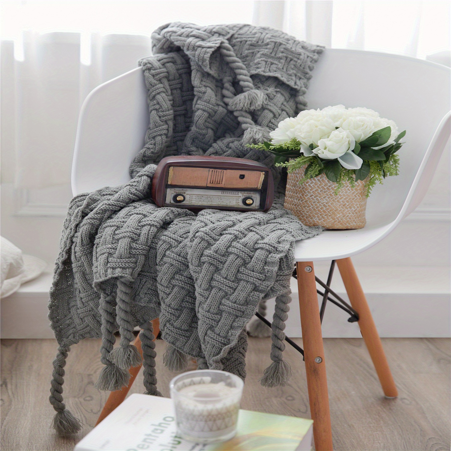 Solid Color Pattern Knitted Blanket With Tassel Soft Warm - Temu