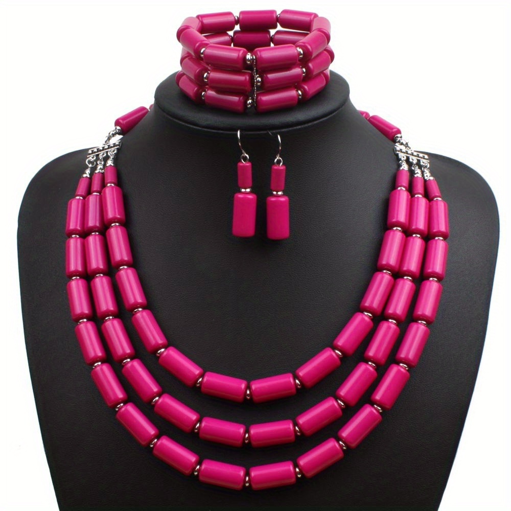 Boho Red Beaded Multilayer Necklace, Earrings & Bangle Set