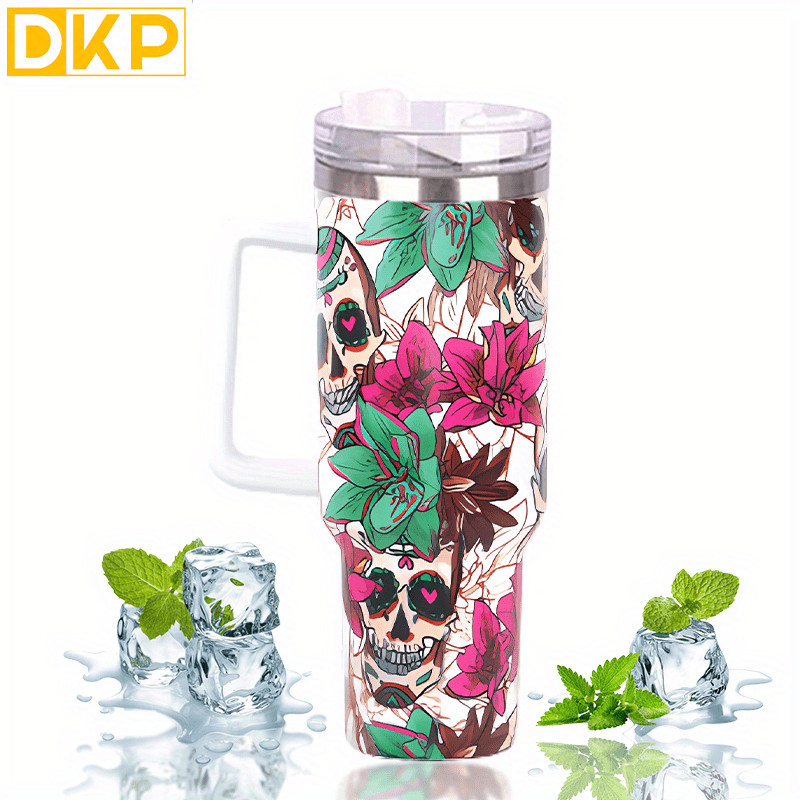 40oz Flower & Skull Pattern Tumbler With Handle And Straw Lid, Suitable For  Outdoor Travel&Camping, Christmas Gift in 2023