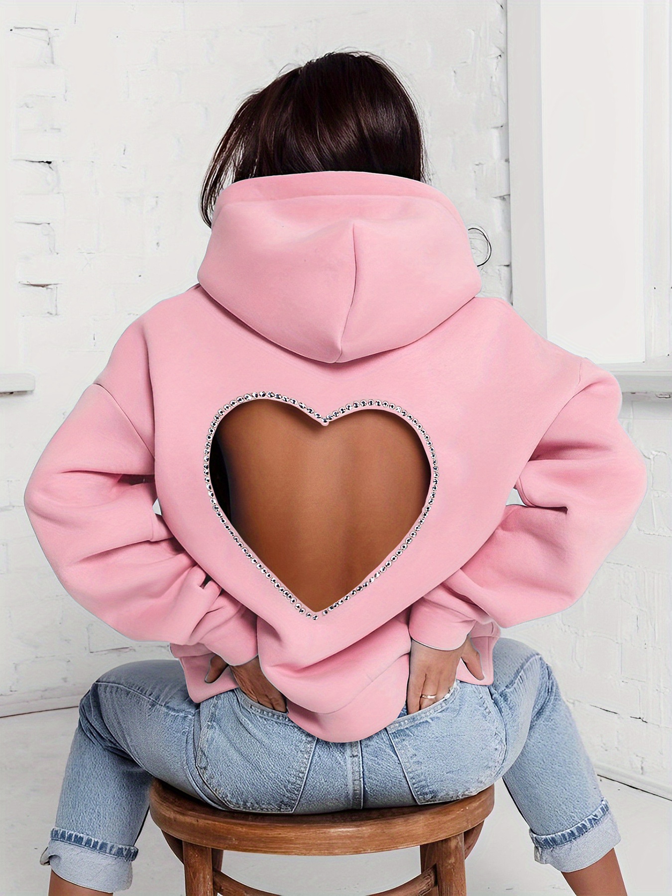 Heart Rhinestone Cut Hoodie Casual Long Sleeve Hoodies Temu