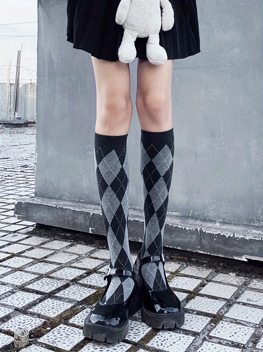 Argyle Print Calf Socks Retro Style Match Knee High Socks Temu Australia 7145