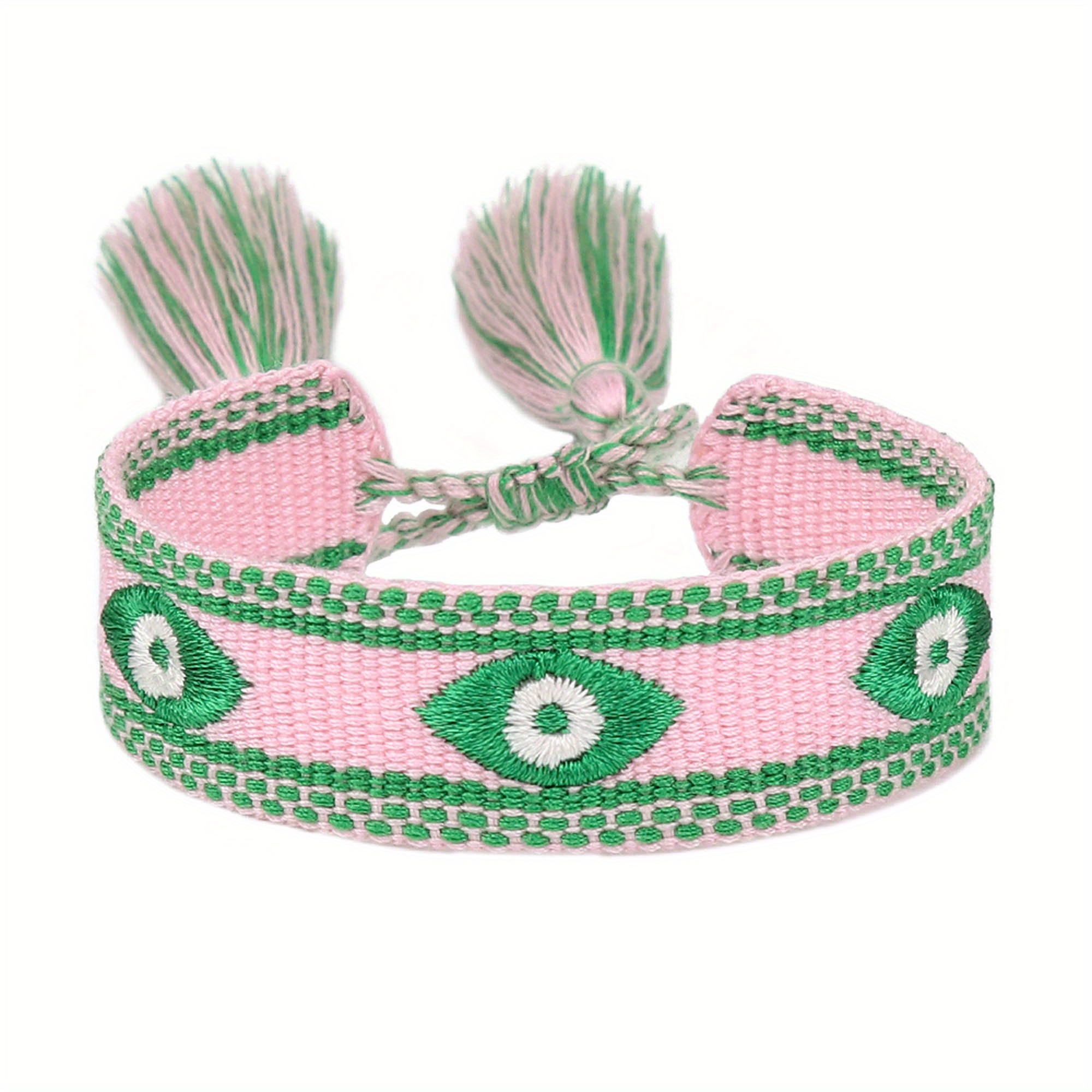 Multicolor Evil's Eyes Embroidered Tassel Bracelet, 10 Colors