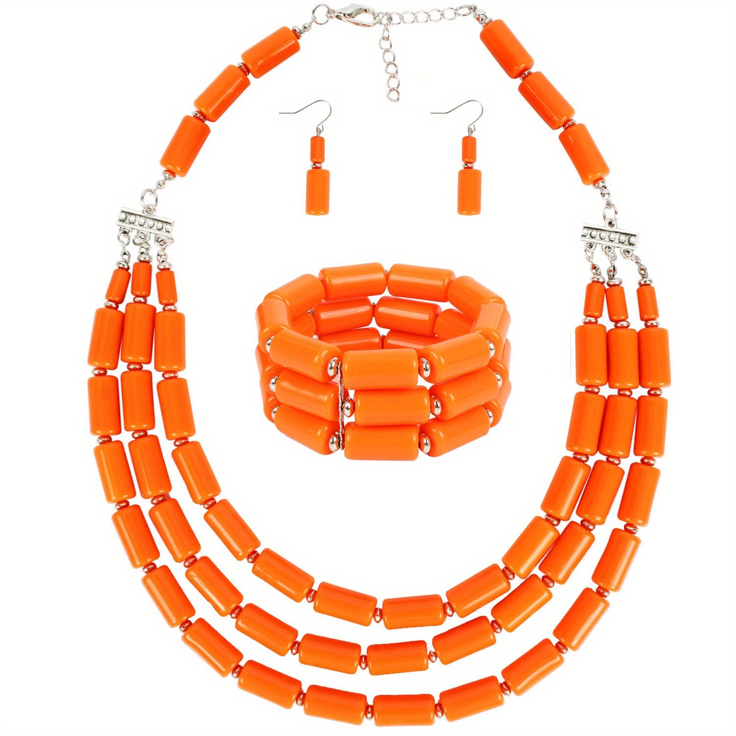 Boho Red Beaded Multilayer Necklace, Earrings & Bangle Set