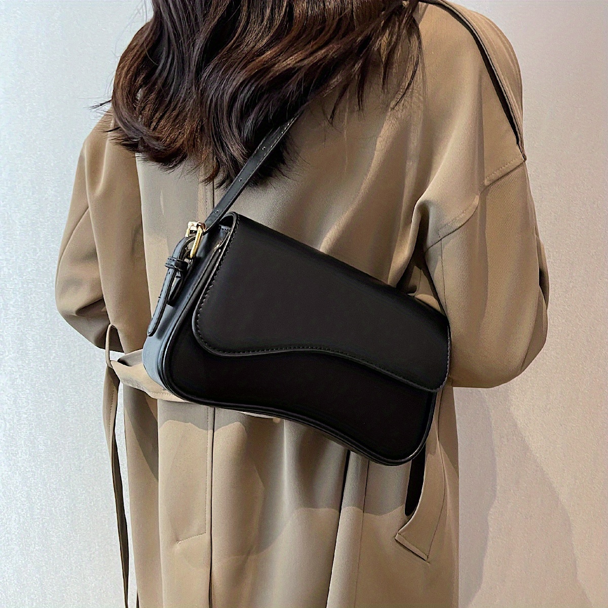 Black Pu Flap Over Baguette Shoulder Bag