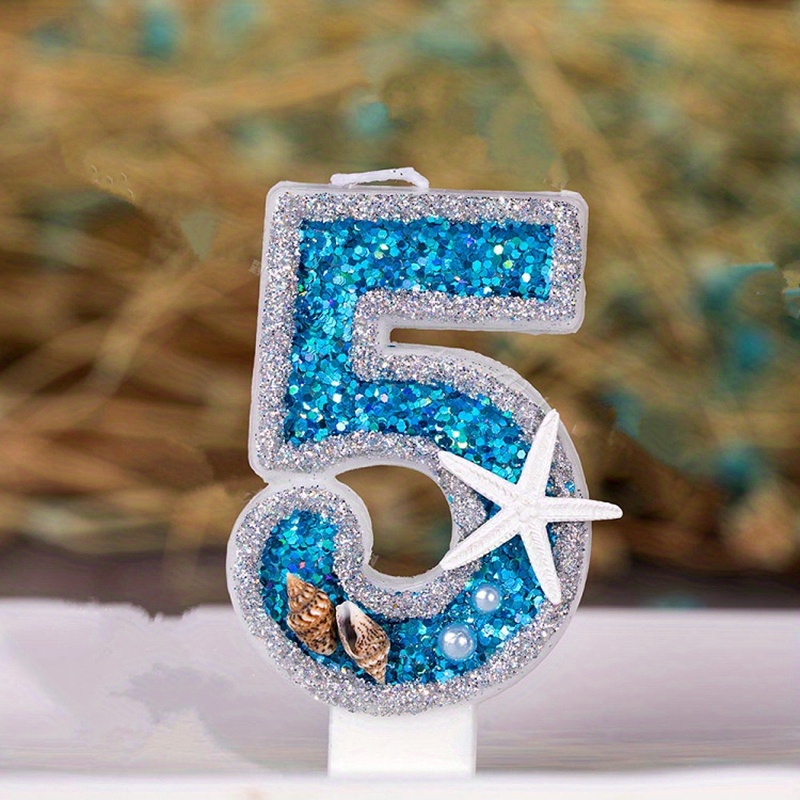 Number 0 To 9 Blue Candle Cake Topper, Sequins Starfish Conch Number
