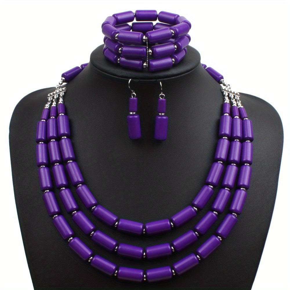 Boho Red Beaded Multilayer Necklace, Earrings & Bangle Set